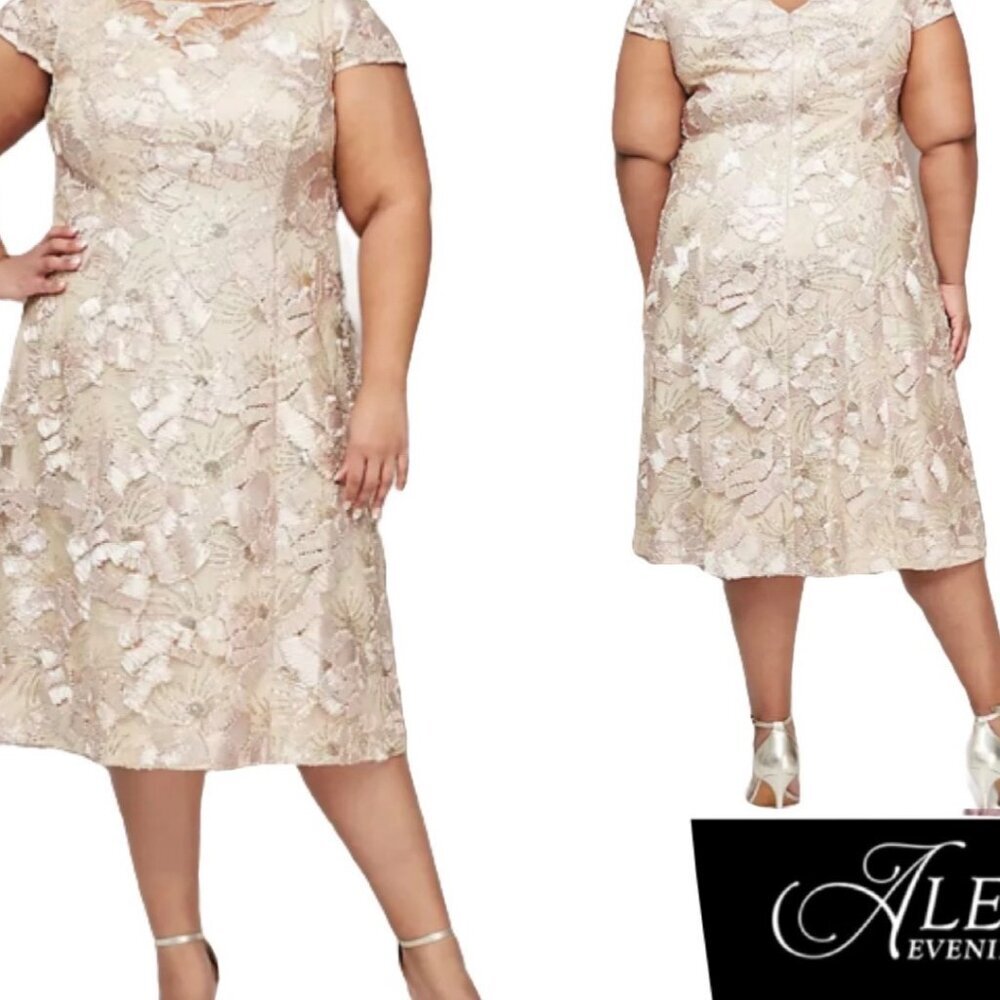 Alex Evenings Embroidered Floral A-Line Cocktail Dress Short Sleeve Plus Size 18